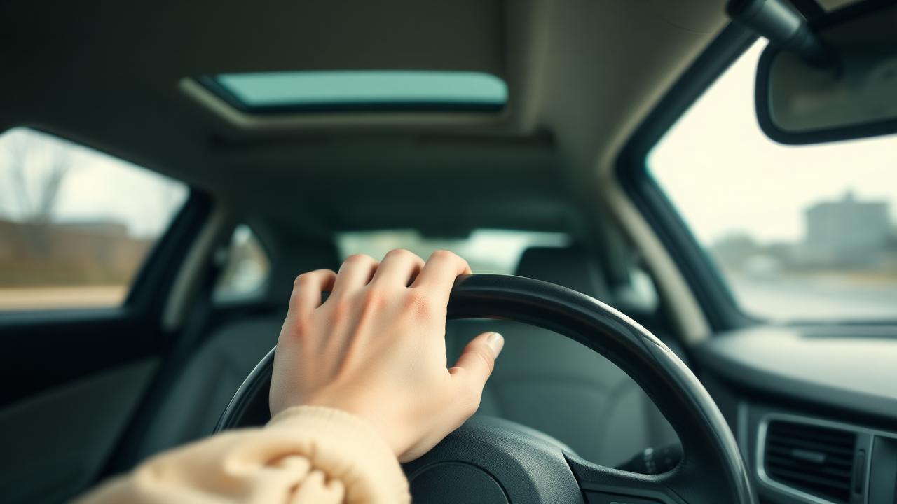 Mâinile unei femei pe volanul unei mașini oprite, privire spre parbriz în lumina dimineții